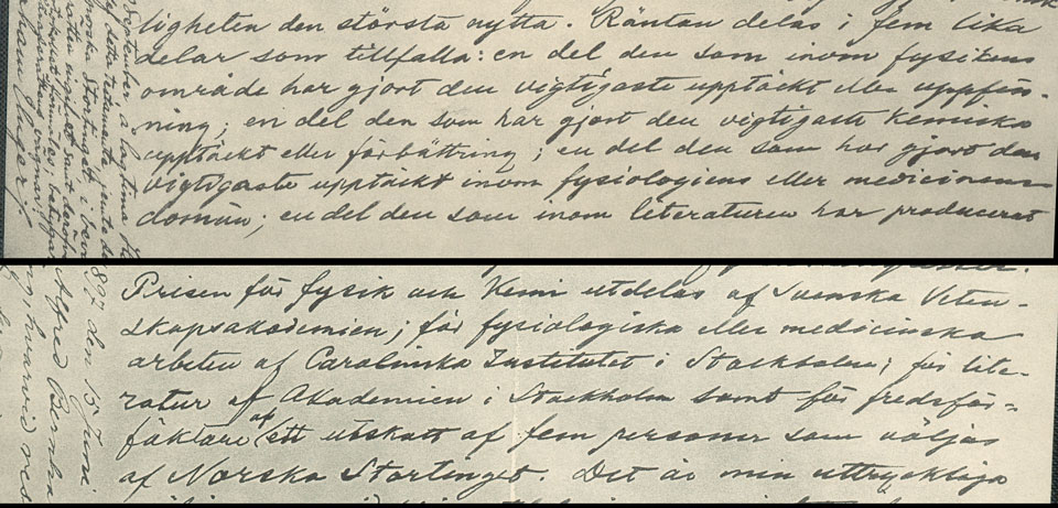 Fig. 2. Detail of part of Alfred Nobel´s will dated 27 November 1895. The section reads as follows: “….. , the interest on which shall be annually distributed in the form of prizes to those who, during the preceding year, shall have conferred the greatest benefit on mankind. ….. The said interest shall be divided into five equal parts, which shall be appointed as follows: …..; one part to the person who shall have made the most important discovery within the domain of 7 physiology or medicine;….. The prizes ….. for physiological or medical works by the Caroline Institute in Stockholm; ….. .